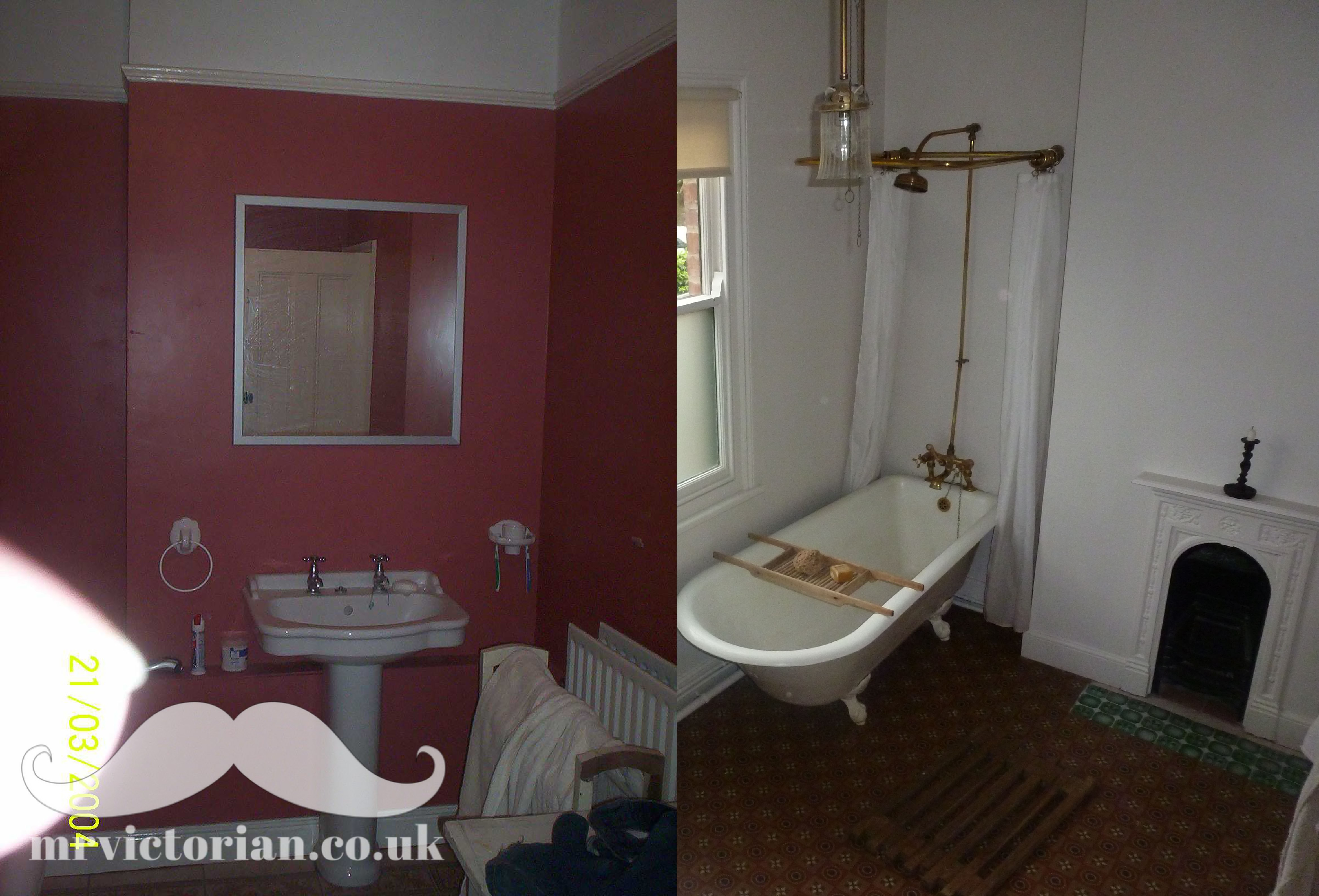 Before Edwardian bathroom restoration iron bath fireplace antique sanitaryware linoleum