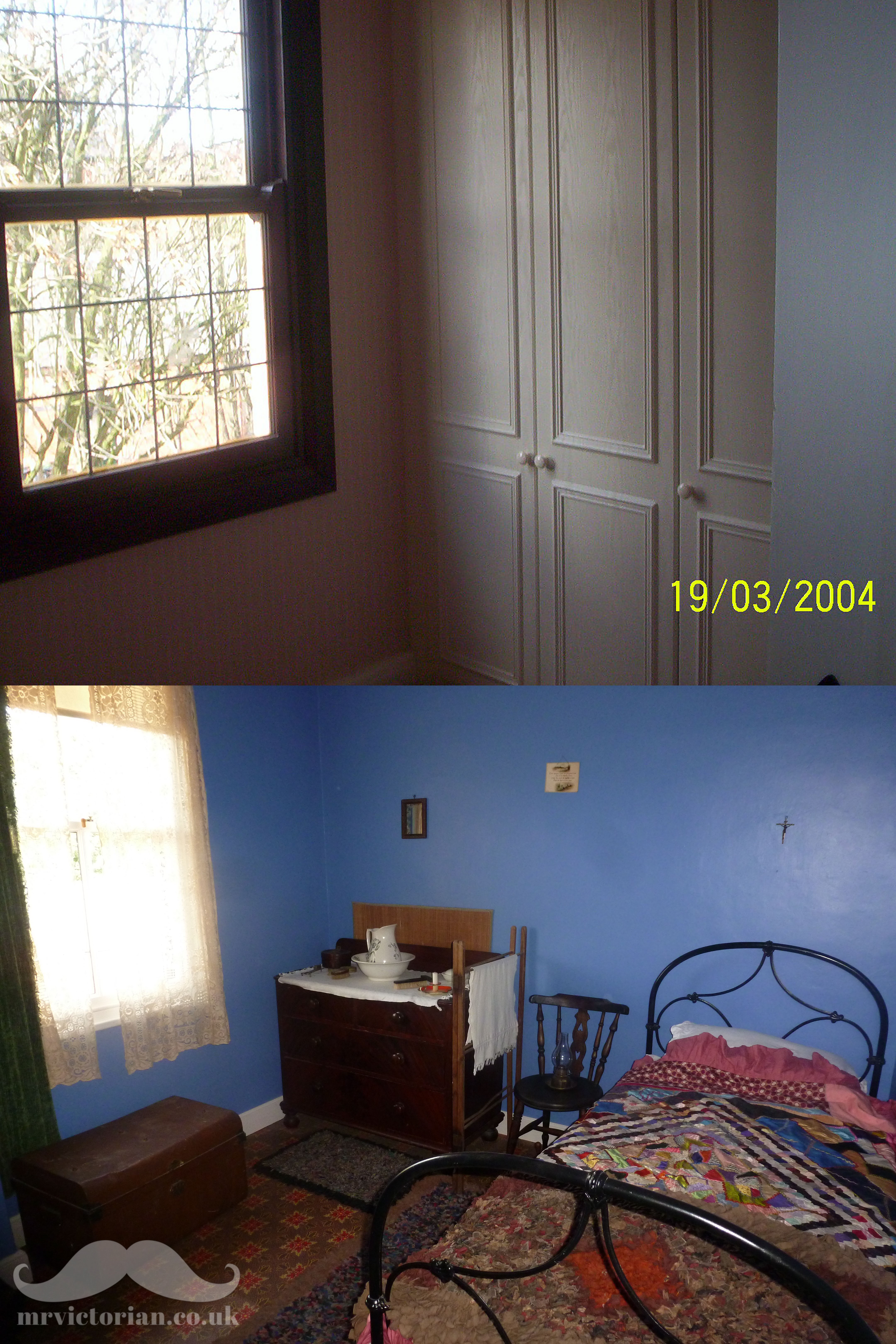 House before bedroom blue iron bed restoration original paint