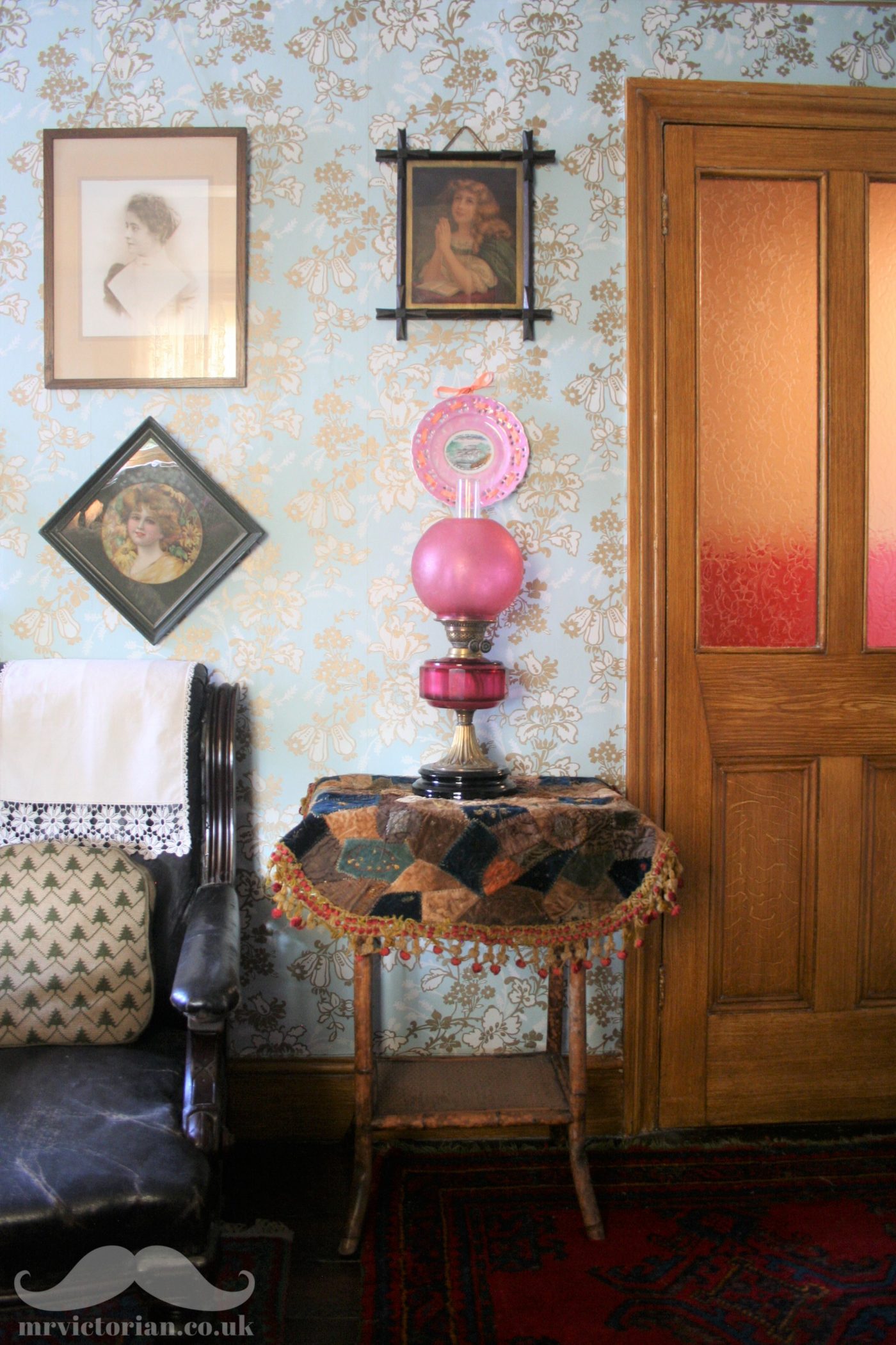 Victorian patchwork tablecloth parlour interior cranberry oil lamp