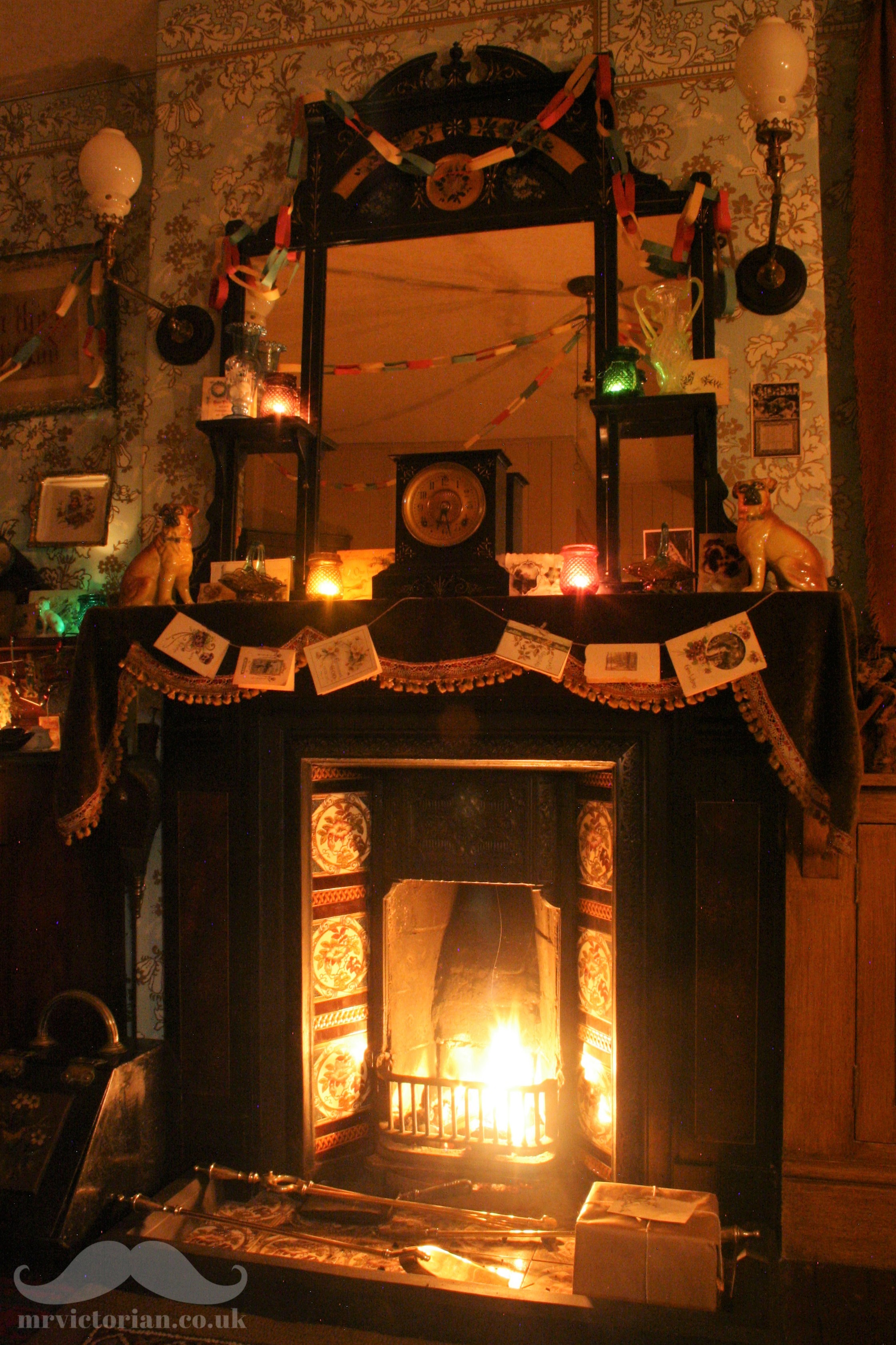 Victorian Christmas fireplace paper chains fairy lights