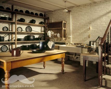 Victorian kitchen scullery white tiles Cragside National Trust