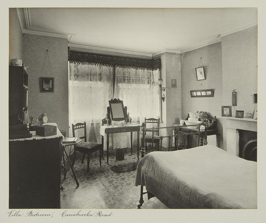 Victorian bedroom with floral linoleum flooring