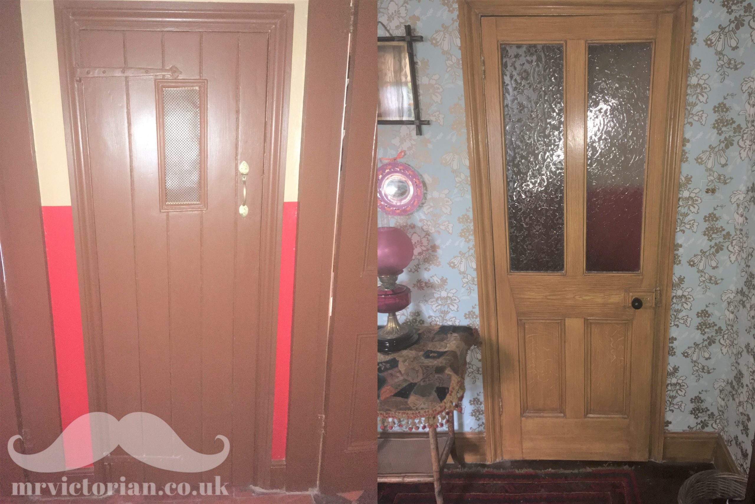 Two photos showing a cottage ledge and brace door and a panelled door in Victorian parlour.