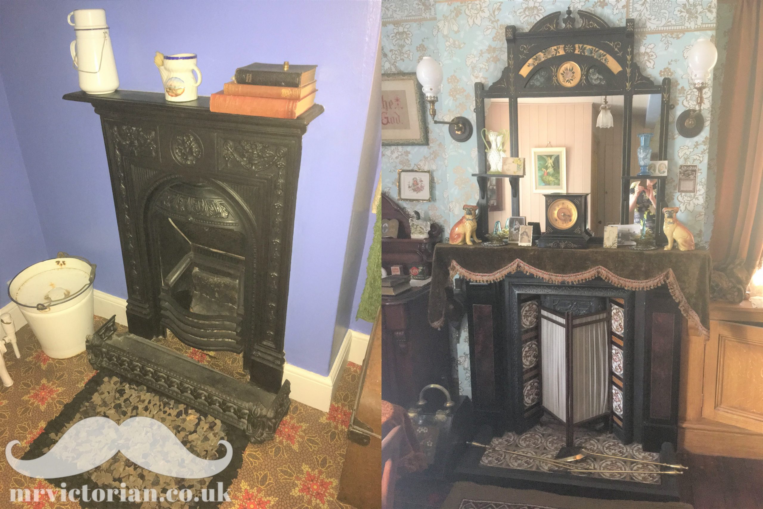 Two photographs show a small bedroom fireplace and a grander tiled parlour fireplace with slate surround. 