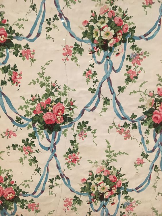 Sanderson 1960s floral wallpaper ribbon swags