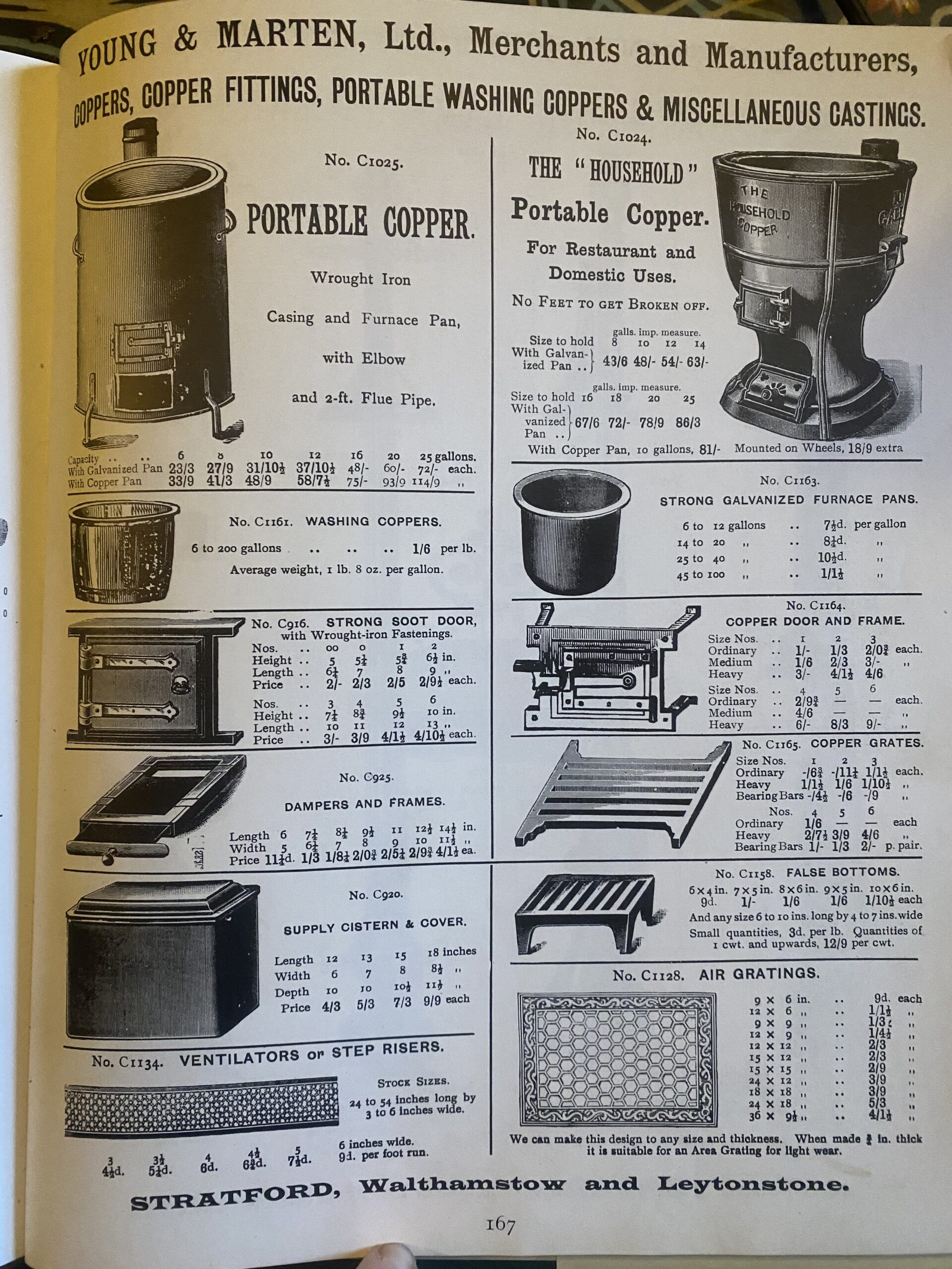 Victorian 1895 builder's merchant catalogue showing copper parts and 'portable' coppers