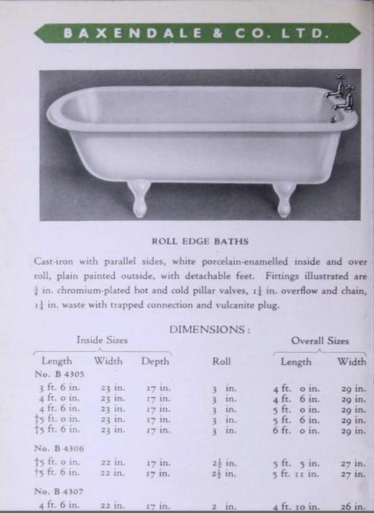 1930s catalogue showing a roll top bath and prices